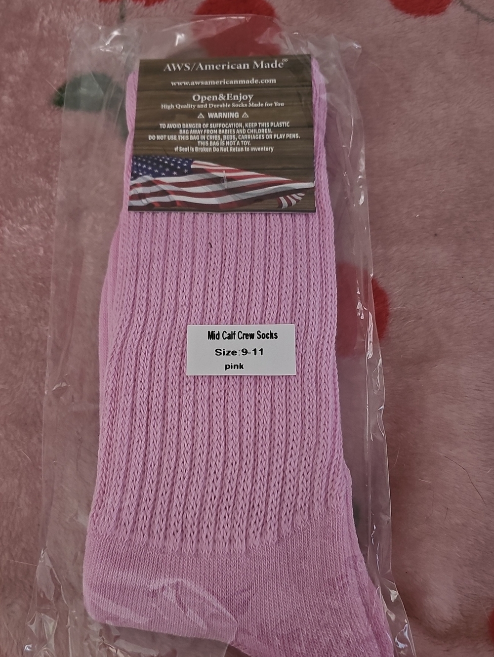 AWS American Made Pink Mid-Calf Crew Socks - Size 9-11